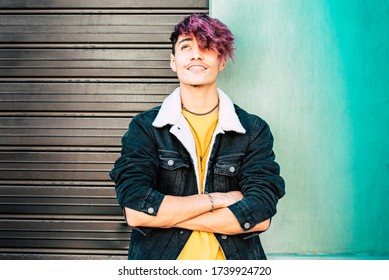 Portrait Of Young Teenager Alternative Boy And Colorful Clothes And Wall Background - Urban People And Diversity Hair Coloured Concept - Youthful And Fashion Alternative City Lifestyle - Handsome Male