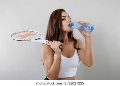 Portrait of a young tennis player hydrating isolated on gray background. - Powered by Shutterstock