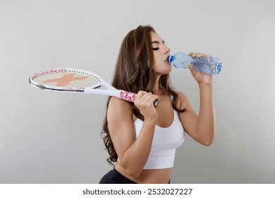 Portrait of a young tennis player hydrating isolated on gray background. - Powered by Shutterstock