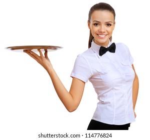 Portrait Of Young Waitress With An Empty Tray