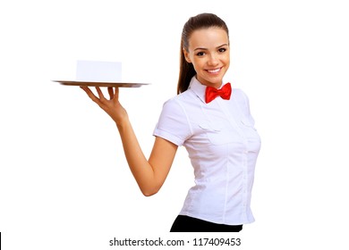 Portrait Of Young Waitress With An Empty Tray