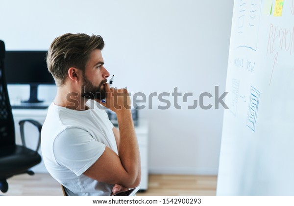 Portrait Young Web Developer Looking Whiteboard Stock Photo 1542900293 ...
