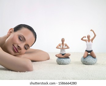 Portrait Of Young Woman Asleep Next To Young Women Practicing Yoga, Digital Composite