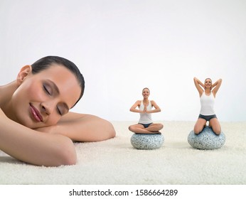 Portrait Of Young Woman Asleep Next To Young Women Practicing Yoga, Digital Composite