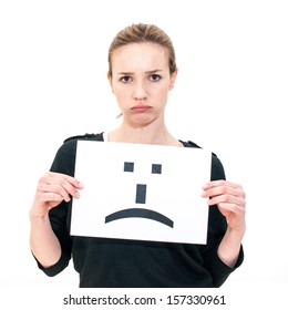 Portrait Young Woman With Board Sad Emoticon Face Sign 