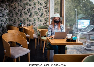 Portrait Of Young Woman At Caffe Break.Work From Home.