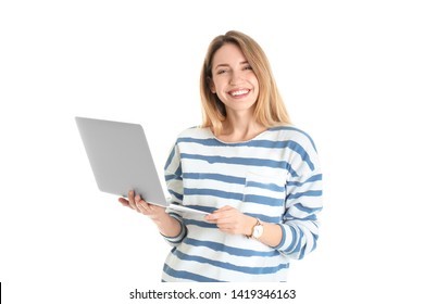 Portrait Of Young Woman In Casual Outfit With Laptop On White Background