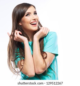 Portrait Of Young Woman Casual Portrait Positive View, Blue Dressed, Big Smile, Beautiful Model Posing In Studio Over White Background,  Isolated On White.