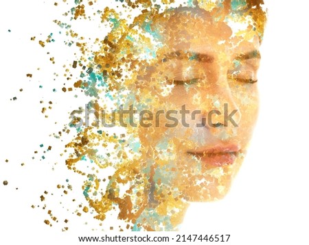 A portrait of young woman combined with digital graphics of countless particles