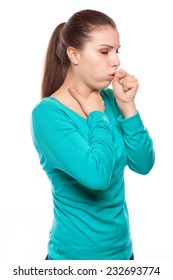 Portrait Of An Young Woman Coughing With Fist