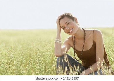 Portrait Young Woman Crouching Field Grass Stock Photo 145148557 ...