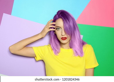 Portrait young woman and dyed straight hair colorful background  Trendy hairstyle design 