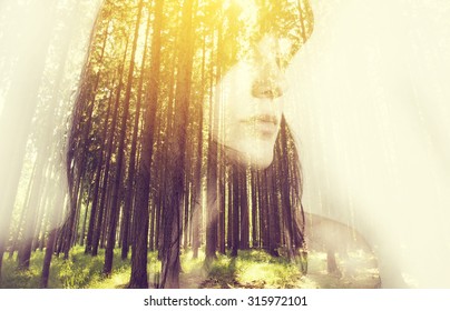 Portrait Of A Young Woman With The Effect Of Double Exposure, Nature Style 