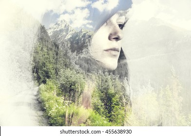 Portrait Of A Young Woman With The Effect Of Double Exposure, Nature Style