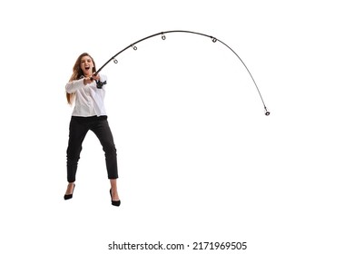 Portrait Of Young Woman, Employee With Fishing Rod Isolated Over White Studio Background. Catching Profitable Projects. Concept Of Business, Promotion, Growth, Success, Challenge, Strategy