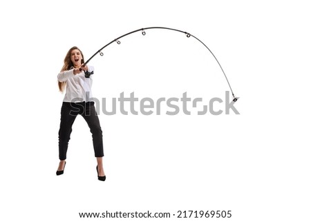 Portrait of young woman, employee with fishing rod isolated over white studio background. Catching profitable projects. Concept of business, promotion, growth, success, challenge, strategy