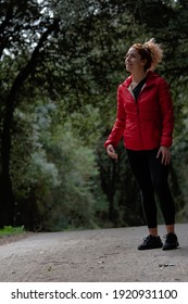 Portrait Of A Young Woman In The Florest. Woman Trecking.