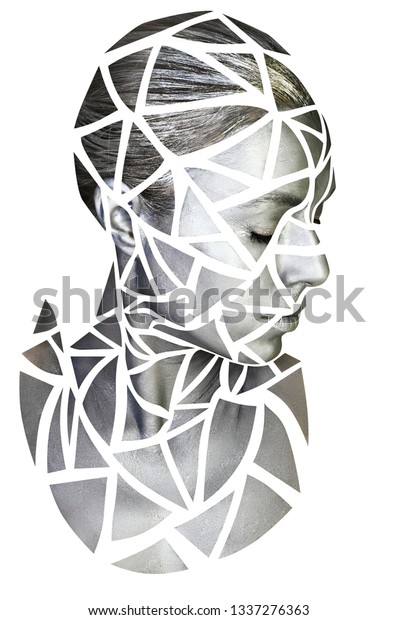 Portrait of a young woman with\
gray makeup. Silver triangles drawn on woman face. Isolated on\
white.