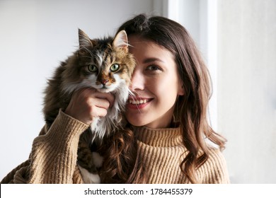 Porträt von jungen Frauen, die süße sibirische Katze mit grünen Augen halten. Weibliche umarmt ihr süßes, langes Haar. Hintergrund, Kopienraum, Nahaufnahme. Adorable Haustier Konzept.