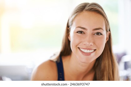 Portrait, young and woman at house with smile to relax in living room as student for spring break on weekend. Happy, carefree and female person with confident comfort in campus dorm for calm peace - Powered by Shutterstock