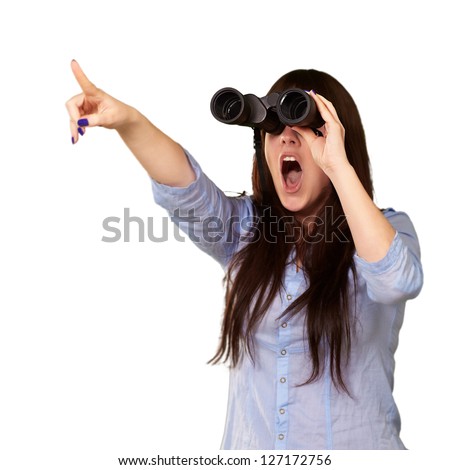 Portrait Of A Young Woman Looking Through Binoculars On White Background