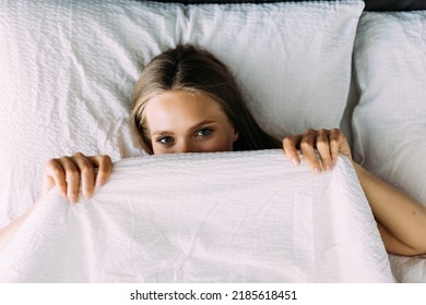 Portrait Young Woman Lying Bed Hiding Stock Photo 2185618451 | Shutterstock