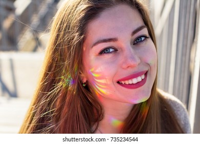 Portrait Young Woman Rainbow Glare On Stock Photo (Edit Now) 735234544