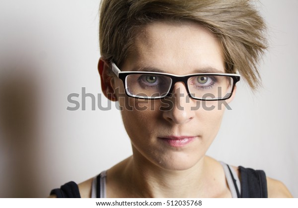 Portrait Young Woman Short Hair Eyeglasses Stock Photo Edit Now