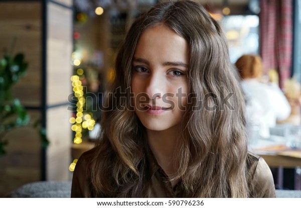 Portrait Young Woman Sitting Coffee Shop Stock Photo Edit