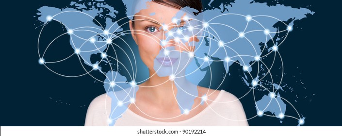 Portrait of young woman standing in front of big world map and looking at camera. Server locations and actual online connections are displayed on virtual map. Hosting provider concept.