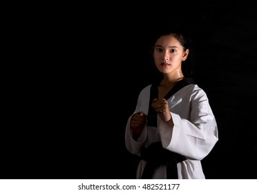 Portrait Young Woman Taekwondo Black Background.