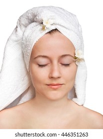 Portrait Of Young Woman With Towel On Head Ready For Spa Treatments