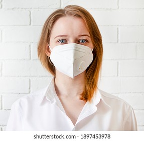 Portrait Young Woman In Trendy Medical Face Mask. COVID-19 Quarantine Lifestyle