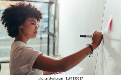 Portrait of young woman writing on white board during a presentation in conference room. Female noting few points on white board during a meeting at startup office.