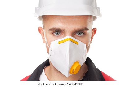 Portrait Of Young Worker Wearing Safety Protective Gear Isolated On White Background