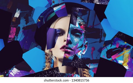 Portraits Of Blonde Woman In Hat And Colorful Body Art Woman