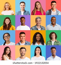 Portraits Collage. Bright Mosaic Of Different Multiethnic People Faces Smiling Posing Together Over Colorful Backgrounds. Happy And Successful Diverse Society Concept. Human Crowd Headshots, Square