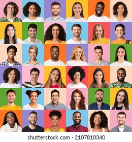 Portraits Collage. Bright Set Of Different Multiracial People Faces Smiling Over Colorful Backgrounds. Happy And Successful Diverse Society Concept. Square Picture