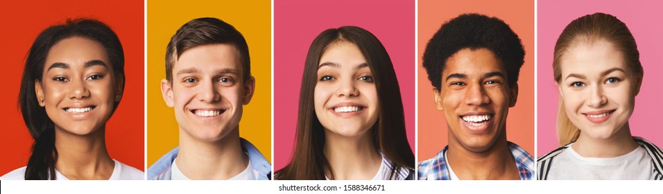 Portrait's Collage. Diverse Teens Smiling To Camera At Colorful Backgrounds, Panorama
