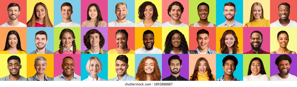 Portraits Collage With Happy Faces Of Real Women And Men Of Different Age And Race Smiling Posing Over Colorful Studio Backgrounds. Social Vareity And Diversity Concept. Panorama - Shutterstock ID 1892888887