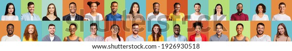 Portraits\
Collage With Happy People Faces Of Different Race And Age Smiling\
On Colored Studio Backgrounds. Set Of Multiethnic Millennials\
Headshot Images, Diversity Concept.\
Panorama