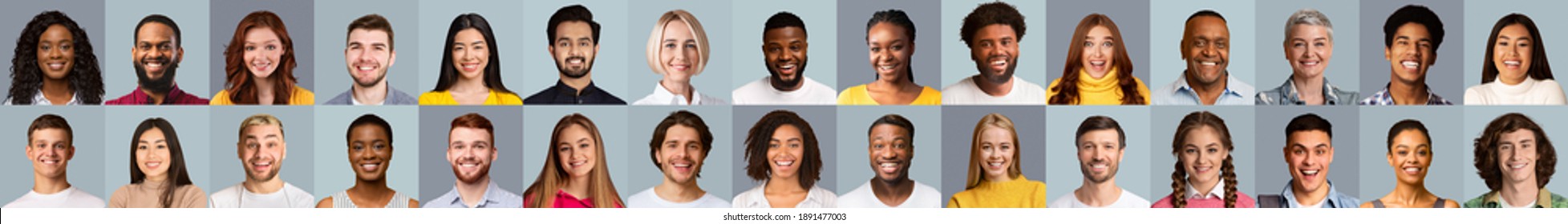 Portraits Collage Of Multiracial Young And Mature People Smiling Over Gray Studio Backgrounds. Diverse Females And Males Headshots In Set. Social Variety. Human Faces Collection. Panorama