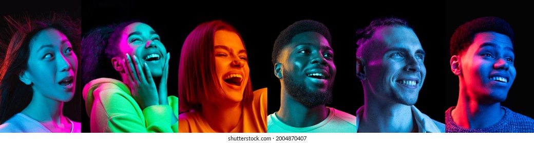 Portraits Of Different People On Multicolored Background In Neon Light. Flyer, Collage Made Of Smiling Happy Models. Concept Of Emotions, Facial Expression, Sales, Advertising.