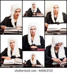 Portraits Of Female Judge Wearing A Wig And Black Mantle.Collage.