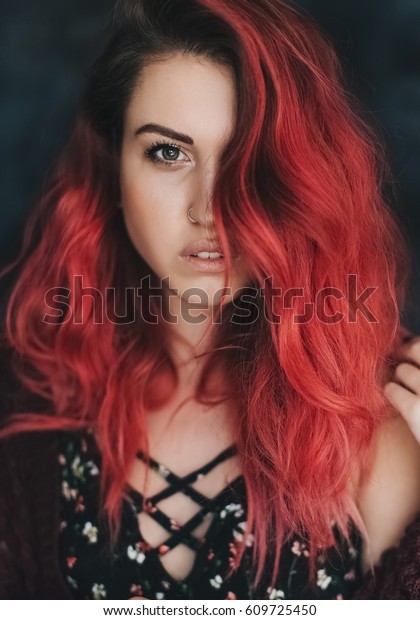 Portraits Girl Red Hair On Dark Stock Photo Edit Now 609725450