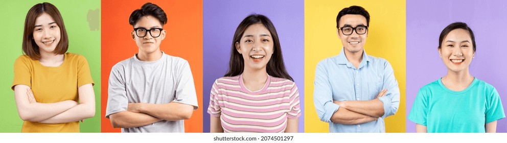 portraits of happy asian people, isolated on background