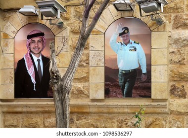 Portraits Of The King And Crown Prince Of Jordan, Painted On The Side Of A Store For Good Luck In The Downtown Shopping District.  Amman, Jordan, February 24, 2018