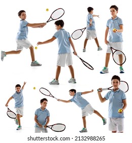 Portraits Of Little Boy, Child, Tennis Player In Blue White Uniform Training Isolated On White Background. Collage. Concept Of Active Life, Team Game, Energy, Sport, Competition. Copy Space For Ad