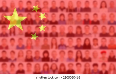 Portraits Of Many People On The Background Of The Flag Of China. The Concept Of The Population And Demographic State Of The Country.