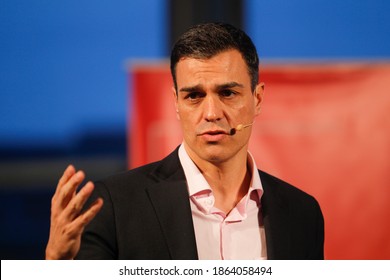 Coruña-Spain. Portraits Of Pedro Sánchez, President Of The Government, During A Rally Of His Political Party PSOE In A Coruña On March 22, 2018